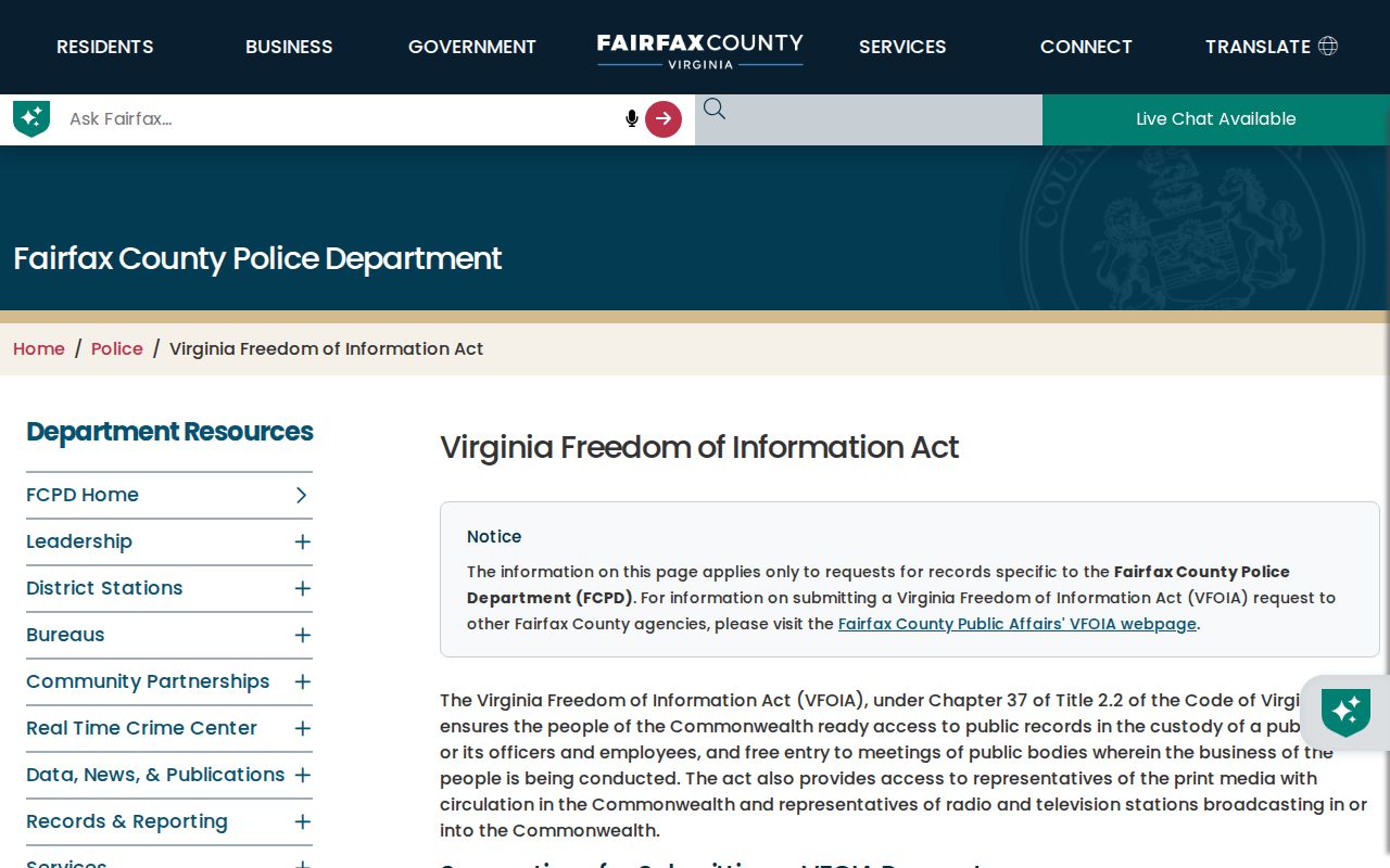 Annandale residents directory Fairfax VFOIA records request information