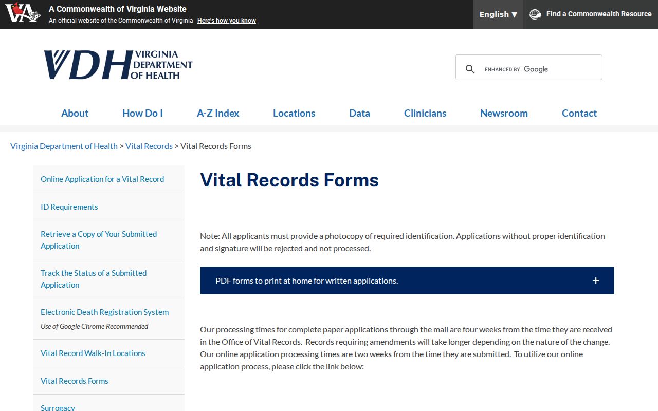 Annandale residents directory Virginia vital records application forms