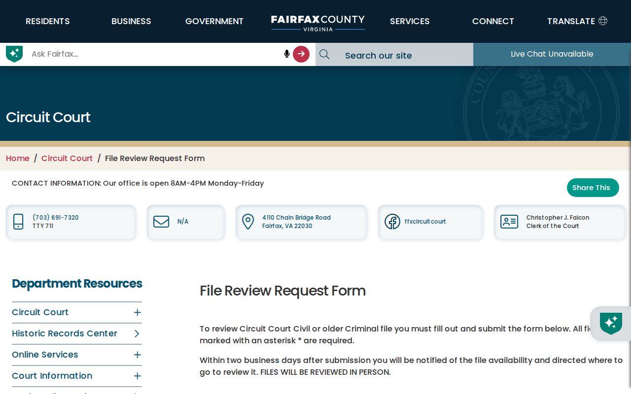 Annandale resident lookup Fairfax Circuit Court file review request form